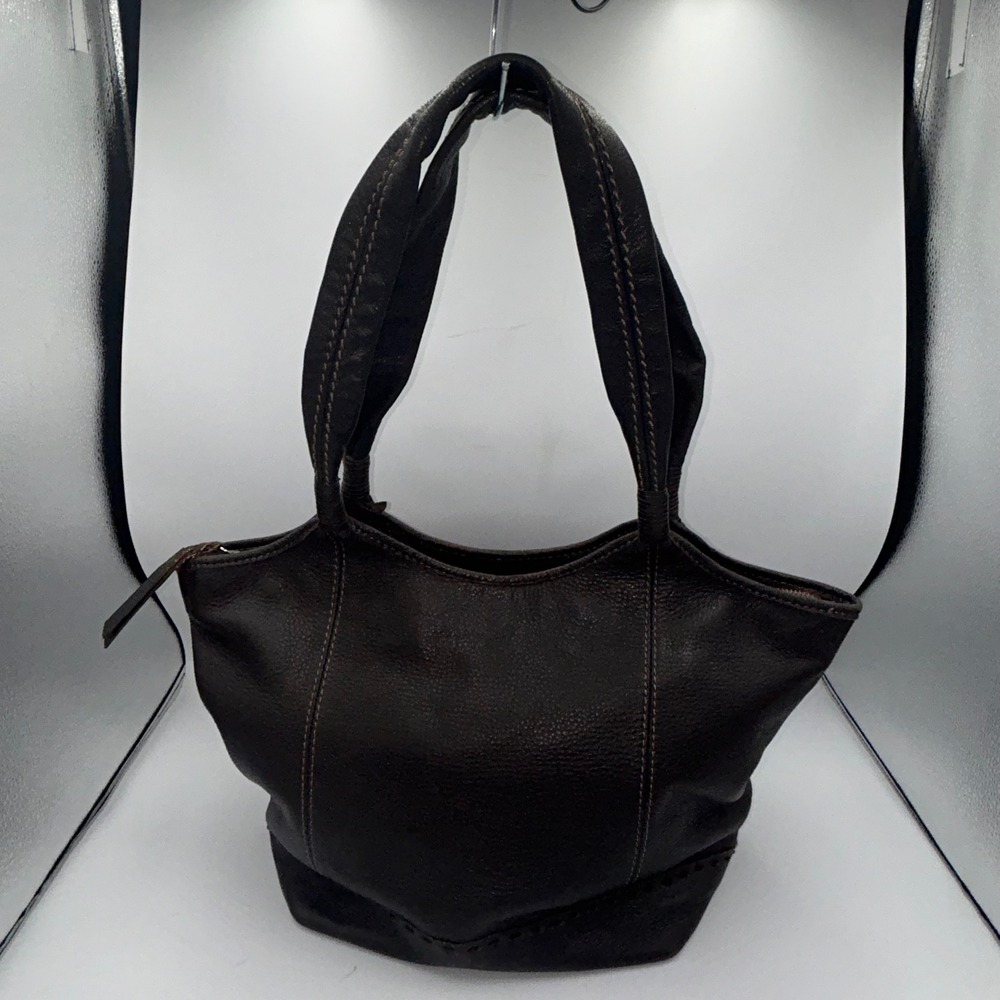 The Sak Boho Shoulder Bag Brown Pebbled Leather Y2K Contrast Stitching Zip Top